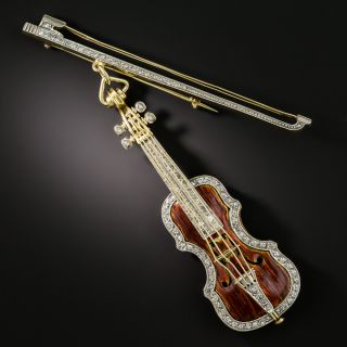 Vintage Enamel and Diamond Violin & Bow Brooch - 1