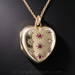 Vintage English Diamond and Red Stone Heart Locket