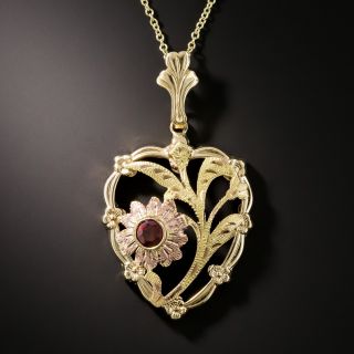 Vintage Garnet Heart and Flower Pendant 