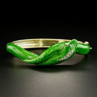 Vintage Green Enamel Snake Bangle Bracelet - 1