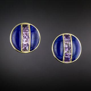 Vintage Lapis and Amethyst Button Earrings By Ilaro  - 2