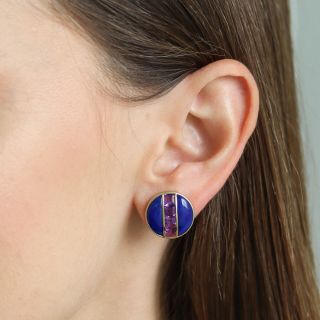 Vintage Lapis and Amethyst Button Earrings By Ilaro 