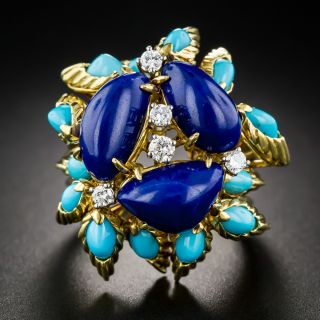 Vintage Lapis and Turquoise Cocktail Ring - 8
