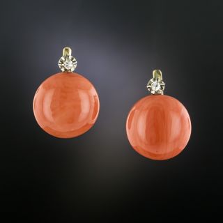Vintage Large Coral Button and Diamond Earrings - 2