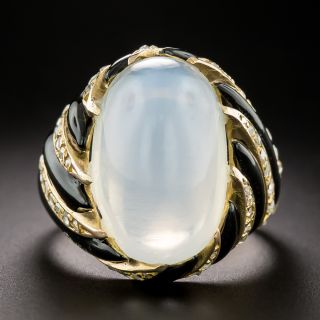 Vintage Moonstone, Diamond and Enamel Swirl Ring - Size 7 3/4 - 3