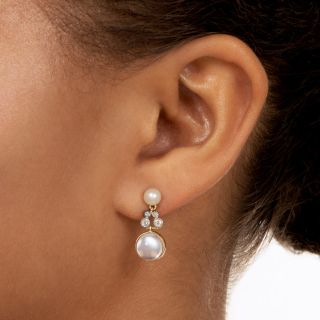 Vintage Moonstone, Diamond And Pearl Dangle Earrings