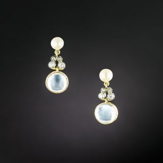 Vintage Moonstone, Diamond And Pearl Dangle Earrings - 2