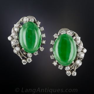 Vintage Natural Jade and Diamond Clip Earrings - 2