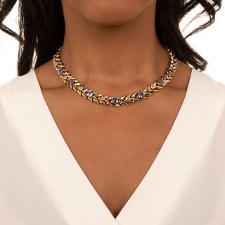 Vintage No-Heat Ceylon Sapphire and Diamond Leaf Necklace
