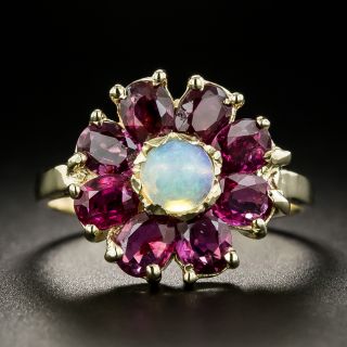 Vintage Opal and Ruby Flower Ring - 2