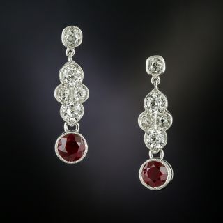 Vintage Ruby and Diamond Platinum Drop Earrings  - 1