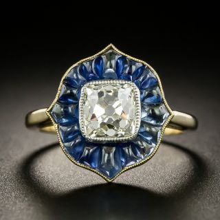 Vintage Style 1.45 Carat Old Mine-Cut Diamond and Calibre Sapphire Ring - 2