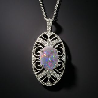 Vintage Style Black Opal Diamond Platinum Pendant - 1