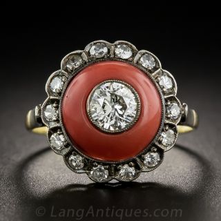 Vintage Style Coral and Diamond Dome Ring  - 2