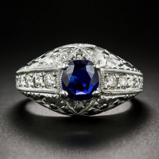 Vintage Style Sapphire, Platinum and Diamond Ring - 2