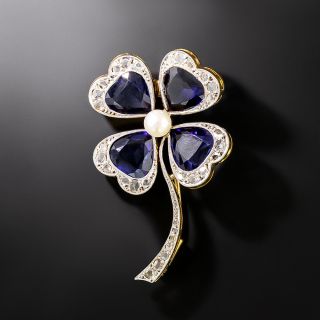Vintage Synthetic Sapphire and Diamond Shamrock Brooch - 4