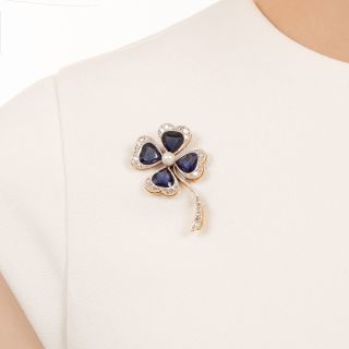 Vintage Synthetic Sapphire and Diamond Shamrock Brooch