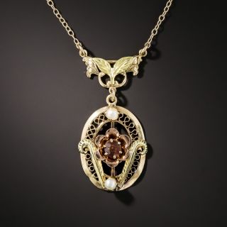 Vintage Tri-Color Gold Garnet Pearl Pendant Necklace