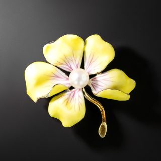 Vintage Yellow Enamel And Pearl Flower Pin By Larter - 2