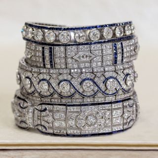 Wide Art Deco Platinum Diamond and Calibre Sapphire Bracelet