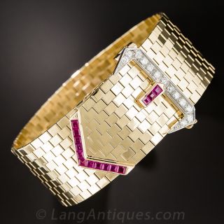 Wide Retro Yellow Gold Ruby and Diamond Buckle Bracelet