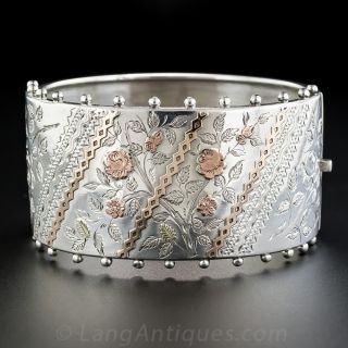 Wide Silver and Rose Gold Victorian Bangle Bracelet