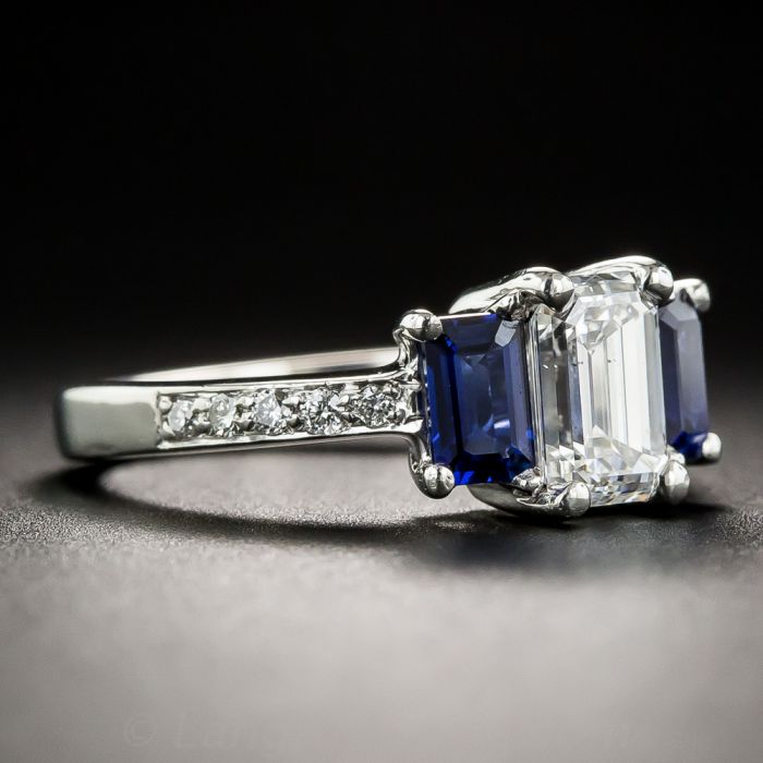 Emerald cut diamond ring deals with sapphire side stones