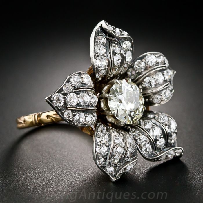 1.86 Carat Center Diamond Antique Flower Ring, Hair Ornament, Pin and  Pendant