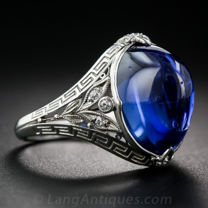Edwardian inspired hand engraved cabochon sapphire and diamond 14kw go —  Vintage Jewelers & Gifts, LLC.