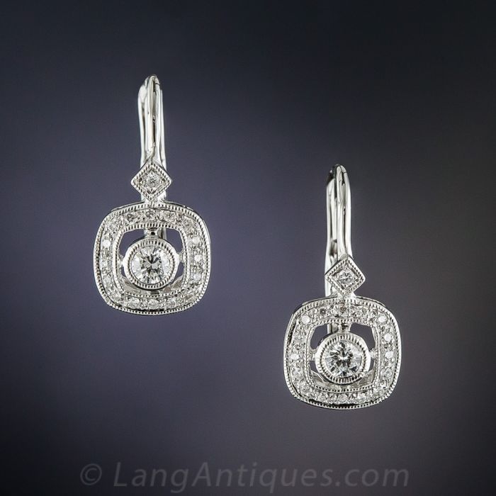 14k White Gold Vintage Style Diamond Lever Back Earrings