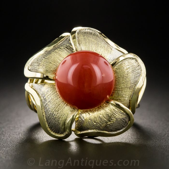 18k Gold Certified 6.50 Carats Red Coral Ring - Gleam Jewels