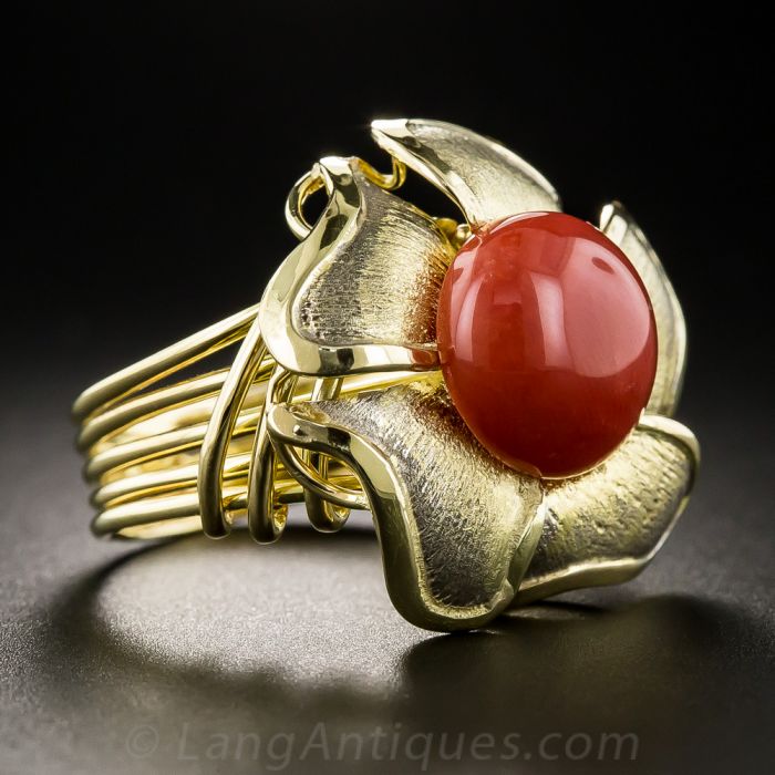 GENUINE NATURAL RED CORAL RING HAWAIIAN PLUMERIA MAILE LEAF 14K YELLOW –  Arthur's Jewelry