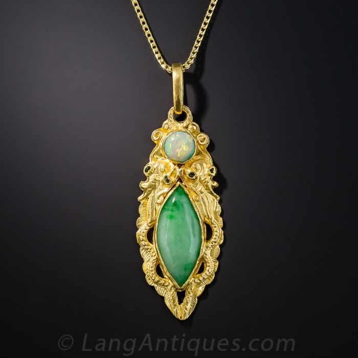 22K Chinese Dragon Pendant with Natural Jadeite and Opal