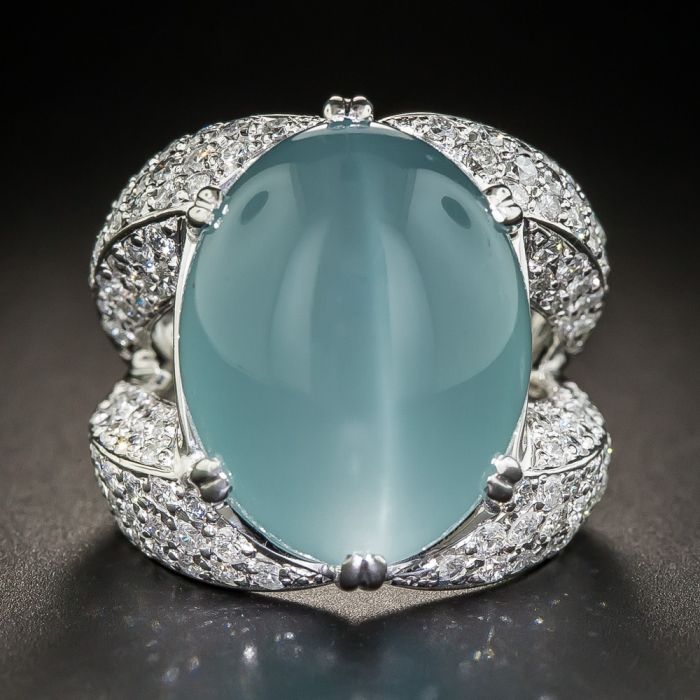 23.76 Carats Cat's-Eye Aquamarine Platinum Diamond Ring