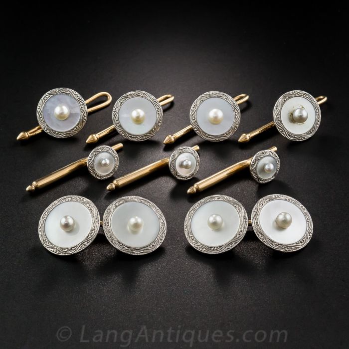 Vintage Square Mother of Pearl Cuff Links and Tuxedo Studs