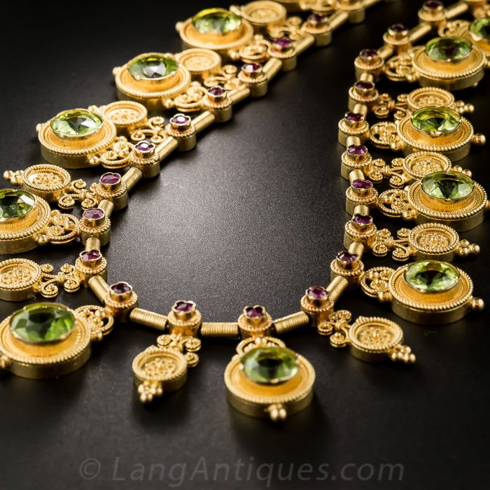 Antique 22K Etruscan Revival Peridot and Ruby Necklace by Marchesini