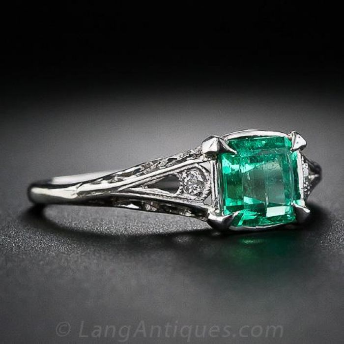 Art Deco Style 1.04 Carat Emerald Baguette Diamond Platinum Ring
