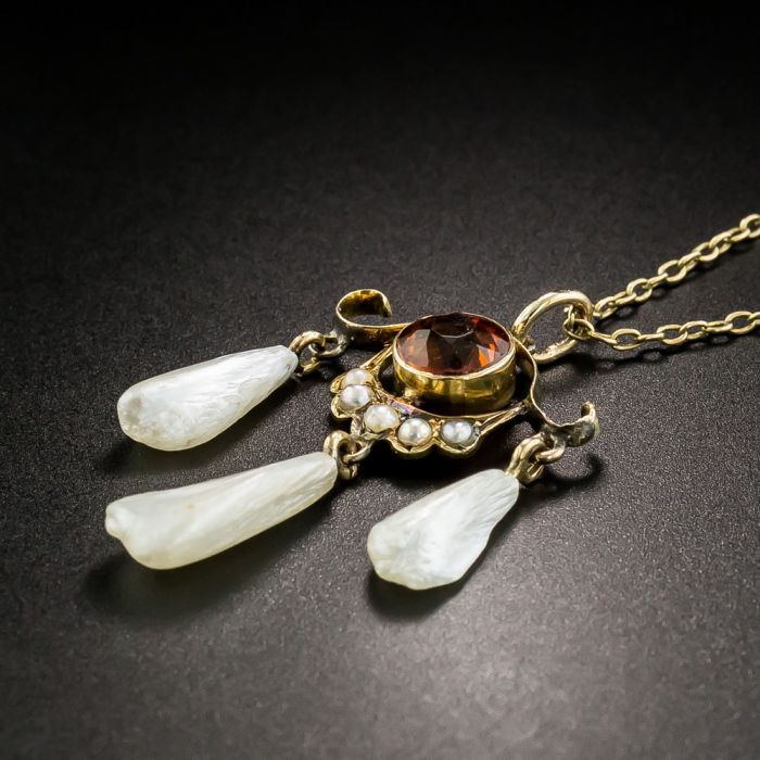 Rutilated Quartz Pendant, Citrine, Pearl, Sterling Silver, Vintage