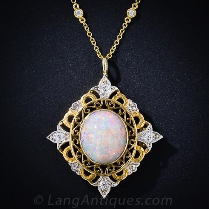 Vintage opal pendant crescent moissanite cluster pendant necklace ster –  WILLWORK JEWELRY