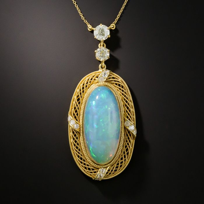 Antique Art Deco opal necklace opals rock crystal 18k gold diamond - Ruby  Lane