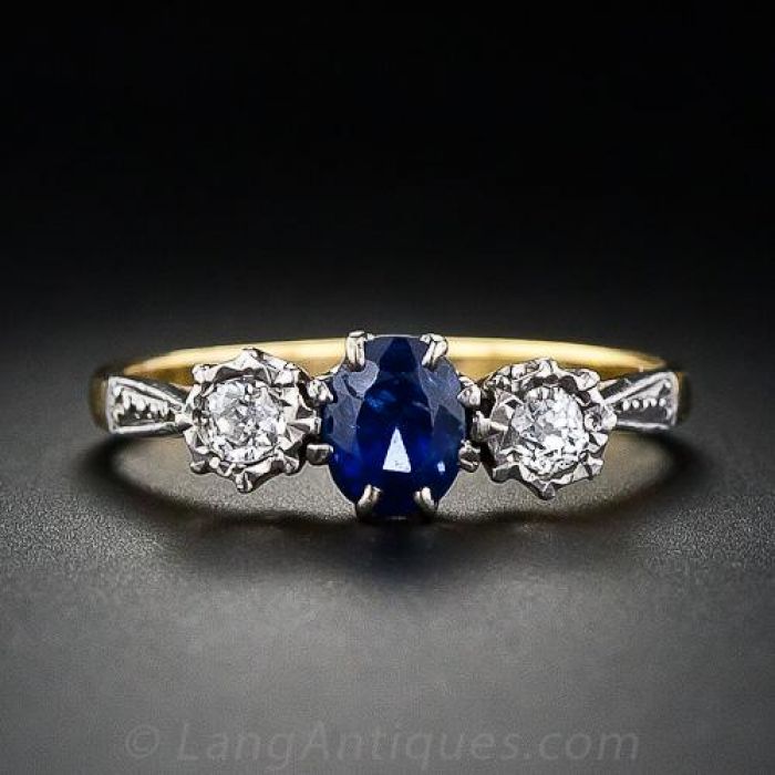Vintage Natural Oval Cut Sapphire And Baguette Cut Moissanite Engagement Ring  Three Stone