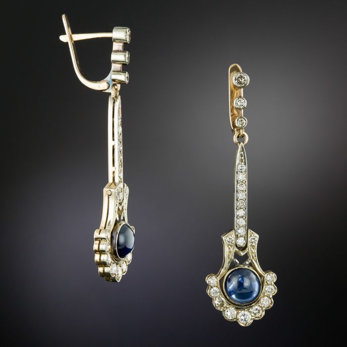 Antique Style Sapphire and Diamond Drop Earrings