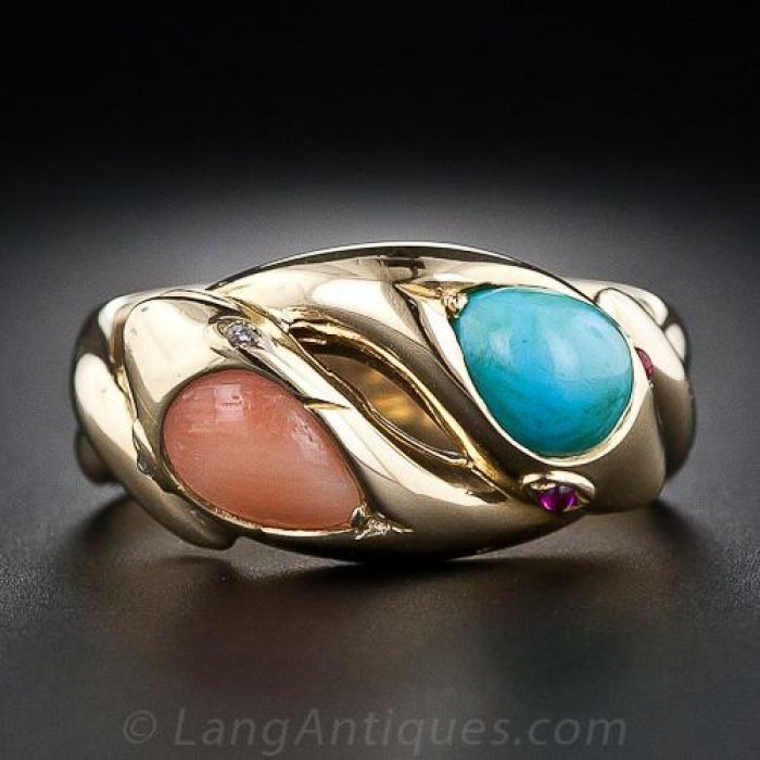 Antique Turquoise and Coral Snake Ring