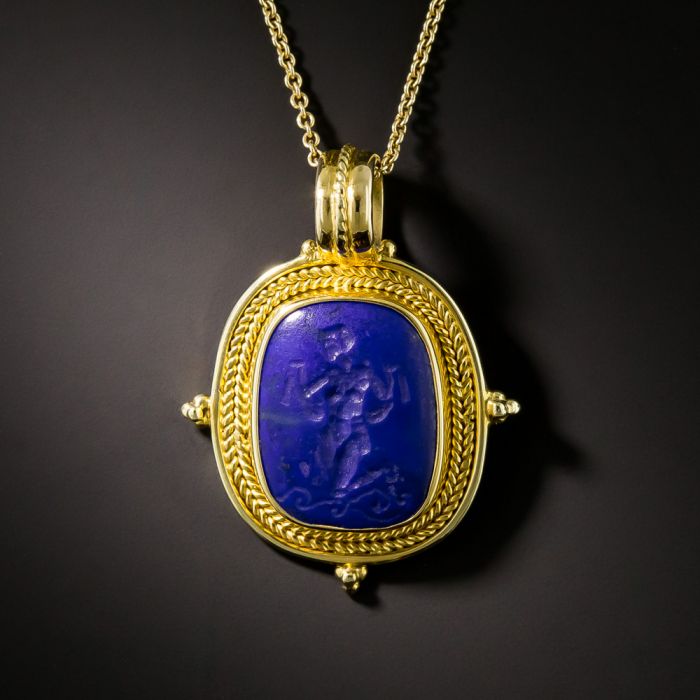 Archeological Revival Style 18K Gold and Lapis Lazuli Carved