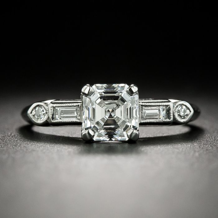 Art Deco Style .50 Carat Asscher-Cut Diamond and Sapphire Engagement Ring