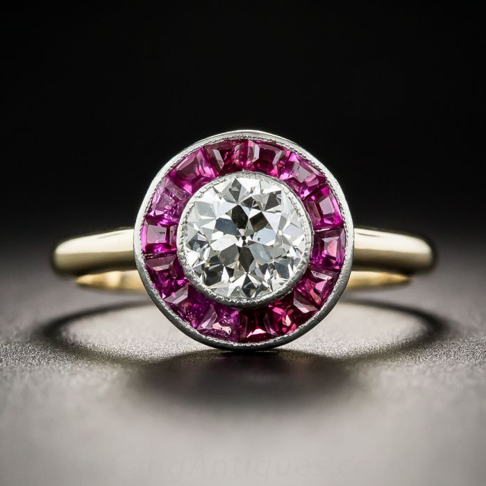 Art Deco .70 Carat Diamond and Ruby Halo Ring