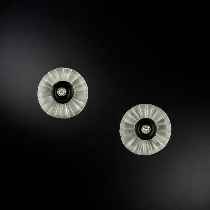 Art Deco Camphor Glass Onyx and Diamond Earrings