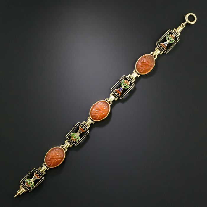 Art Deco Carnelian and Blossom Enamel Link Bracelet