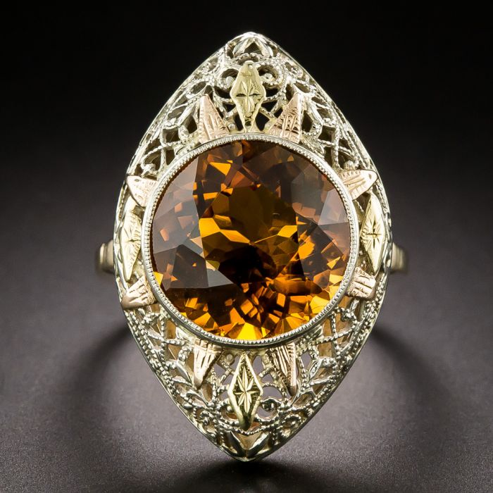 Art Deco Citrine Tri Color Gold Ring