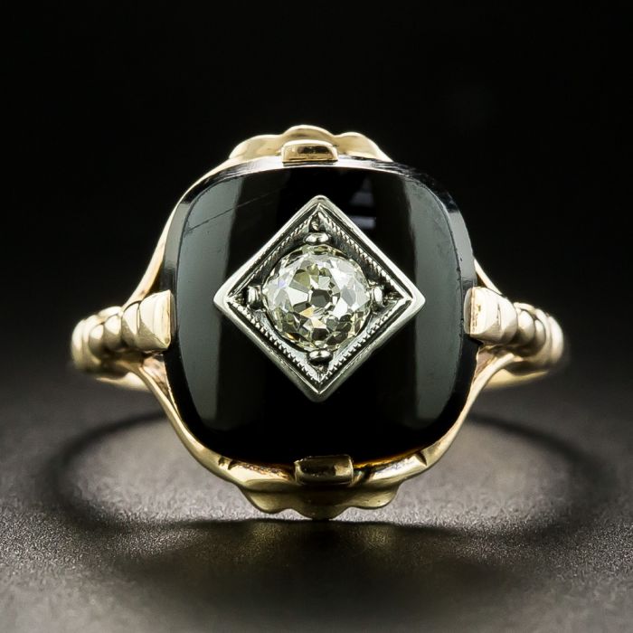 Vintage 10k Yellow Gold Filigree Onyx Ring  Onyx Ring  Art Nouveau Onyx Ring